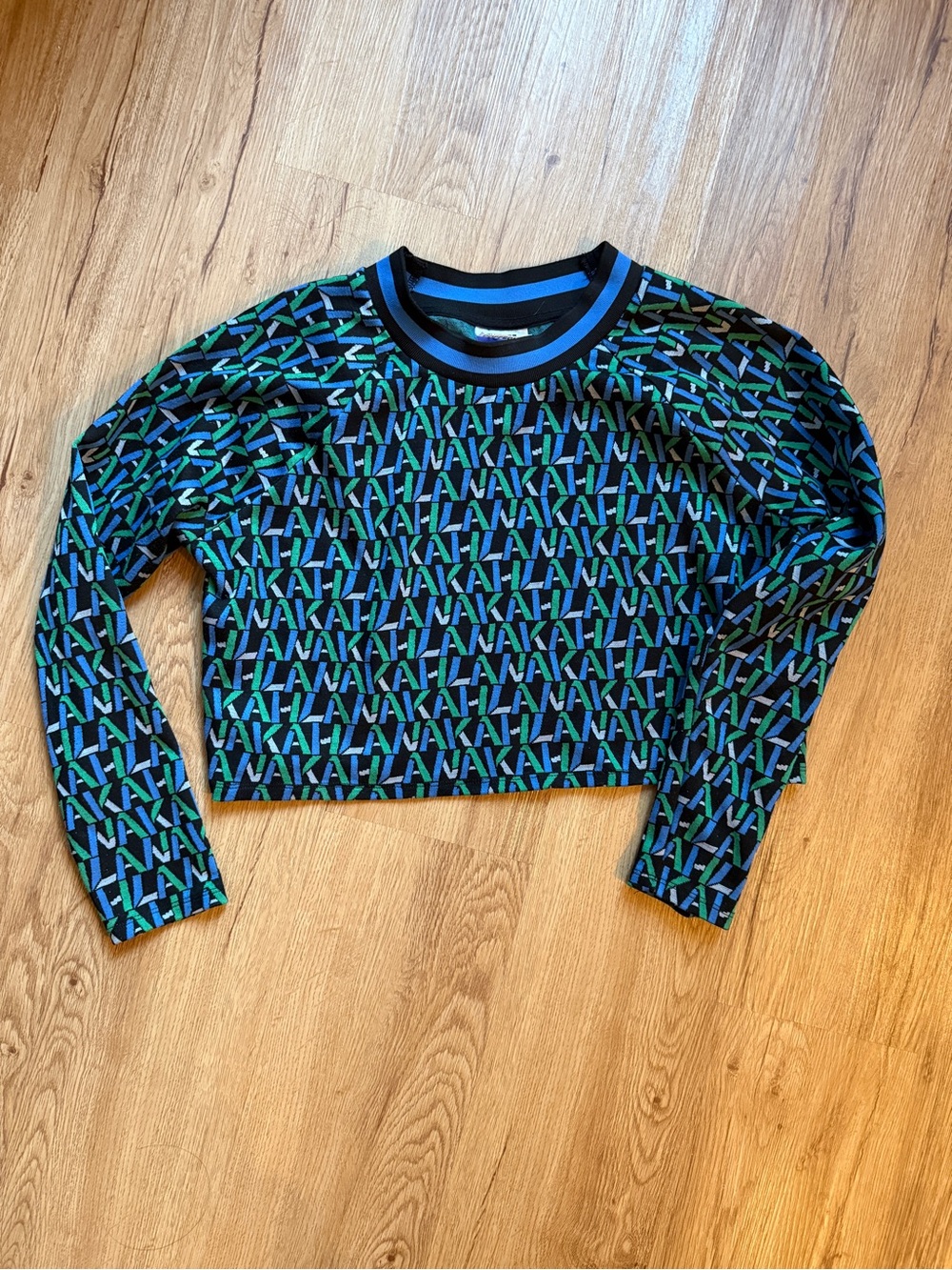 Cropped Knit Logo-Pattern Long Sleeve Top - Blue & Green